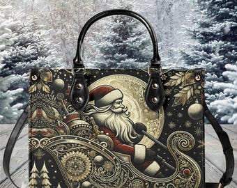 Borsa a mano di lusso da donna in pelle vegana, bellissima borsa natalizia con slitta dorata di Babbo Natale, design invernale e stravagante, 2 taglie