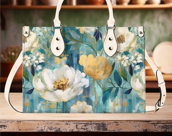 Luxury Women PU leather Handbag tote purse beautiful spring floral botanical garden of flowers  design pattern Gift Mom wife