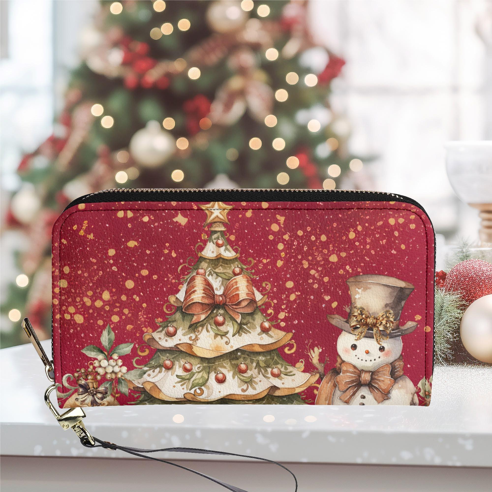 Wallet PU Leather vegan wristlet strap Christmas Holiday Snowman Christmas tree Cute Fun Make a nice gift for Mom Wife Christmas handbags