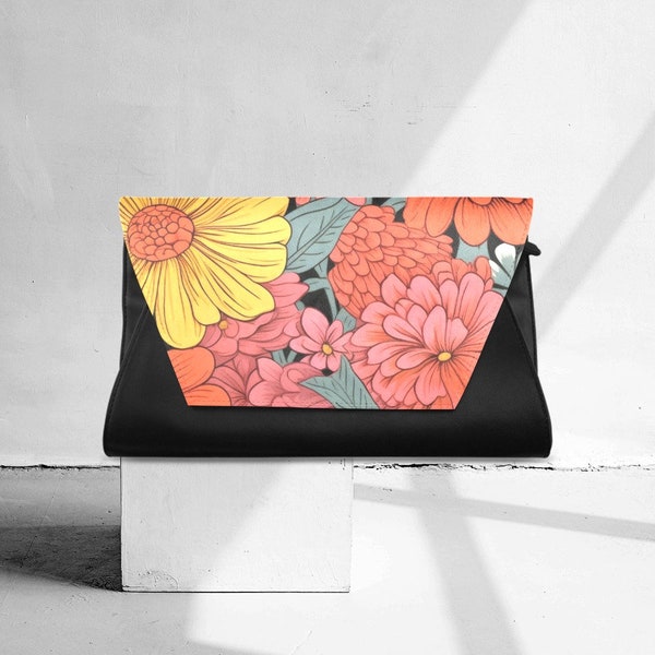 Clutch Envelope Black evening bag reception prom purse Floral flower botanical colorful design peach yellow print Gift for Mom wife