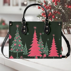 Sac à main de luxe en cuir végétalien pour femme, rose, rose, arbres de Noël de Noël, sac à main design hiver saison fantaisiste taille 2