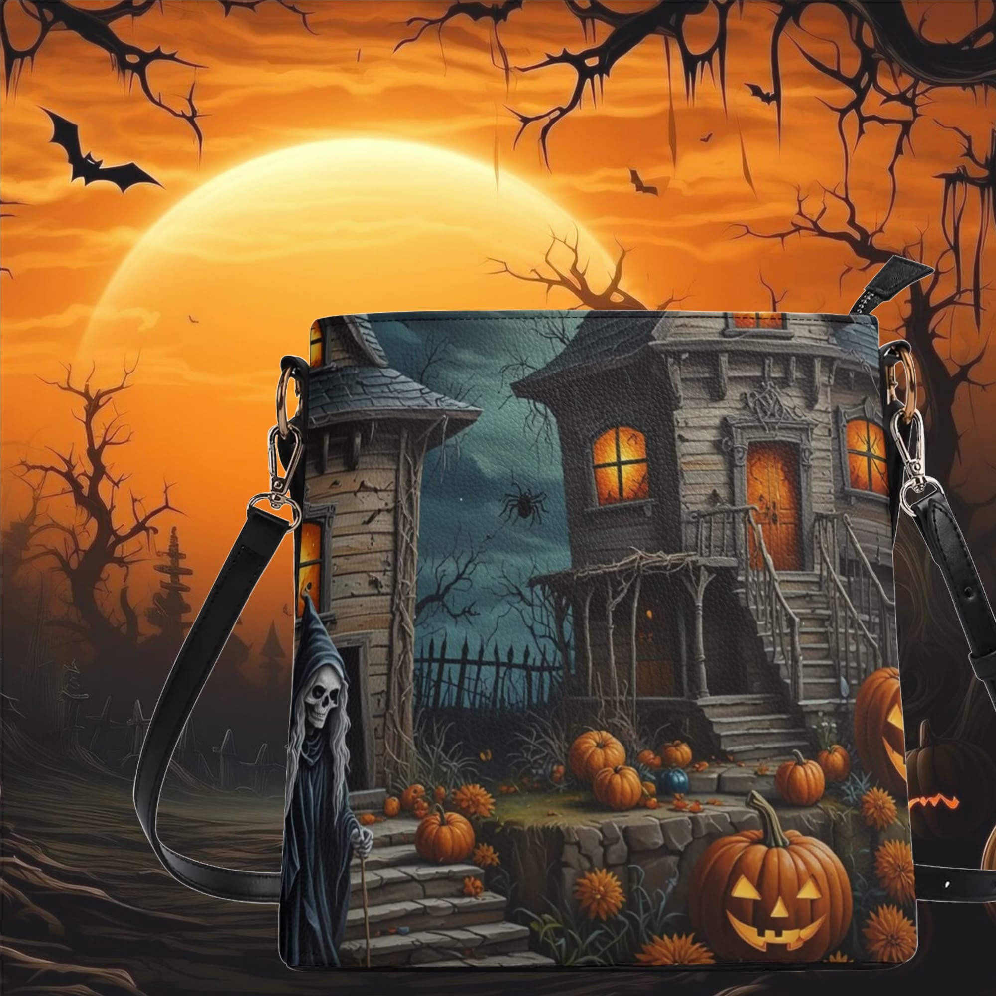 Halloween spooky scary  Women's  Bucket shoulder bag crossbody cute fun witch pumpkin haunted house whimsical design spooky season witchy