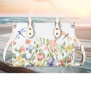 Bolso de mano de cuero sintético de lujo para mujer, hermoso diseño de estilo rural con diseño floral primaveral de jardín botánico de flores silvestres