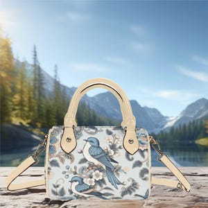 Bolsa feminina de couro pequena, transversal, bolsa de ombro Boston, bolsa de mão, Cottage, com estampa floral, azul, pássaro, presente para mãe ou avó