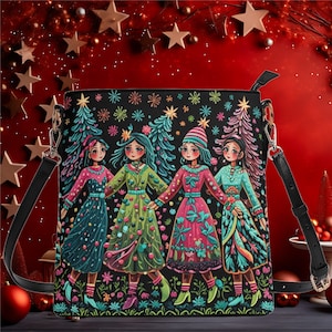 Sac à bandoulière seau végétalien pour femme Grand sac à main à bandoulière bohème, arbre de Noël de Noël, design amusant et fantaisiste pour fille
