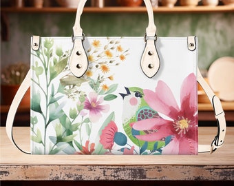 Luxury Women PU Leather Handbag Bag Shoulder Bag tote purse Beautiful, cute spring summer mauve pink bird Floral flower botanical design