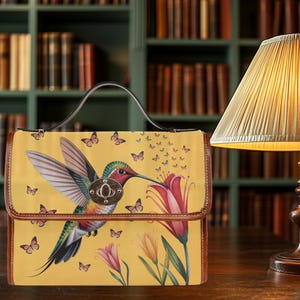 Bolsa de ombro tipo mochila, bolsa carteiro de lona marrom, flor silvestre, beija-flor, flor floral, primavera, verão, outono, bolsa, alça removível