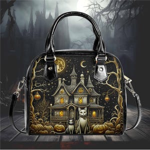 Whimsical Halloween Purse Satchel haunted house cats fun cute messenger purse tote fun cute black handbag with top handles witchy design
