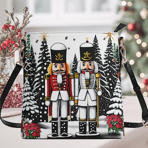 Sac à bandoulière seau végétalien pour femme Grand sac à main en bandoulière avec arbre de Noël Casse-noisette des Fêtes, sac à main de Noël amusant et amusant