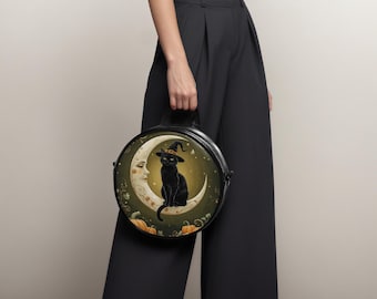 Bolso bandolera redondo de Halloween caprichoso, divertido y lindo bolso de mano con forma de gato negro y calabaza para Halloween.