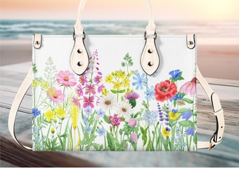 Luxury Women PU leather Handbag tote purse beautiful spring floral botanical garden of wildflowers Cottagecore farmhouse look design