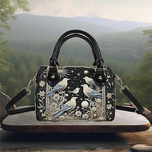 Bolsa de ombro feminina de couro crossbody pequena com design de pássaro azul Boston, bolsa tipo mochila, bolsa de mão com design floral, presente para mãe ou avó