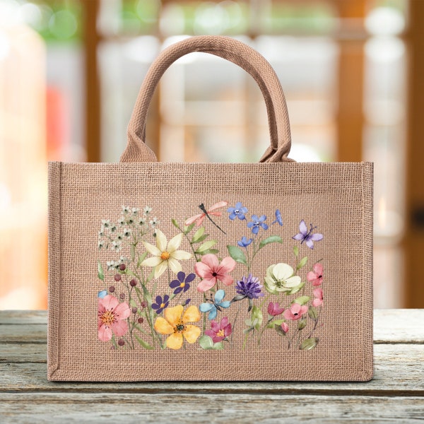 Custom Reusable Jute Burlap Tote Bags beautiful floral botanical garden of wildflowers Cottage core farmhouse look design | great gift