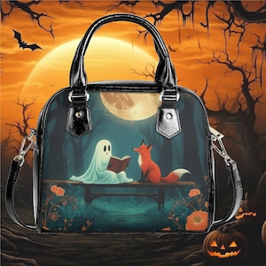 Bolso de hombro tipo cartera con diseño de fantasma de Halloween y zorro rojo leyendo un libro, bandolera negra, bolso bandolera, bolso de mano divertido y lindo de cuero vegano.