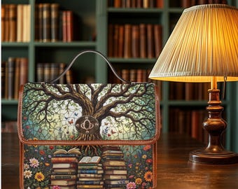 Satchel shoulder bag brown canvas messenger crossbody purse floral flower tree and books art design every day handbag purse removal strap