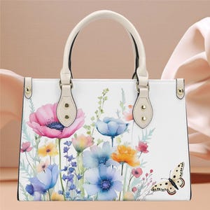 Sac à main en cuir PU pour femme, beau sac à main floral printanier rose et bleu, fleurs sauvages du jardin botanique, printemps été, Cottagecore