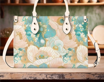 Women Leather PU Handbag Shoulder Bag tote purse Beautiful, cute spring summer Floral flower botanical design pattern gift for Mom