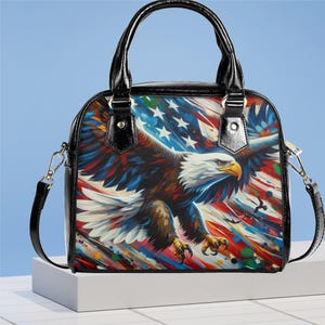 Shoulder Handbag  vegan leather Spring summer holidays American flag eagle design or everyday bag purse black crossbody fun satchel tote
