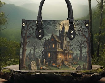 Halloween haunted house graveyard witchy forest whimsical pumpkin shoulder bag tote purse Vegan leather cute fun, No strap top latch closure
