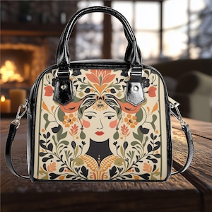 Bolso de hombro de piel sintética vegana, tipo cartera, estilo mensajero, para uso diario, con estampado floral y flores silvestres, color negro, bandolera, diseño divertido y bonito.