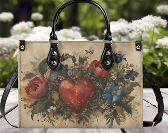 Luxury Women vegan leather Handbag tote beautiful Valentines day Holiday heart floral or every day bag design purse 2 size