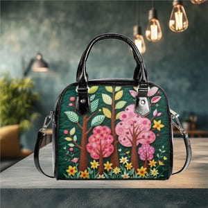 Bolso de hombro de piel sintética vegana, para primavera, verano y otoño, o para uso diario, tipo cartera, bandolera negra, diseño bohemio con flores, divertido y bonito.