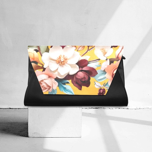 Clutch Envelope evening bag prom reception purse Floral flower yellow, botanical colorful design abstract print Gift for Mom Grandma