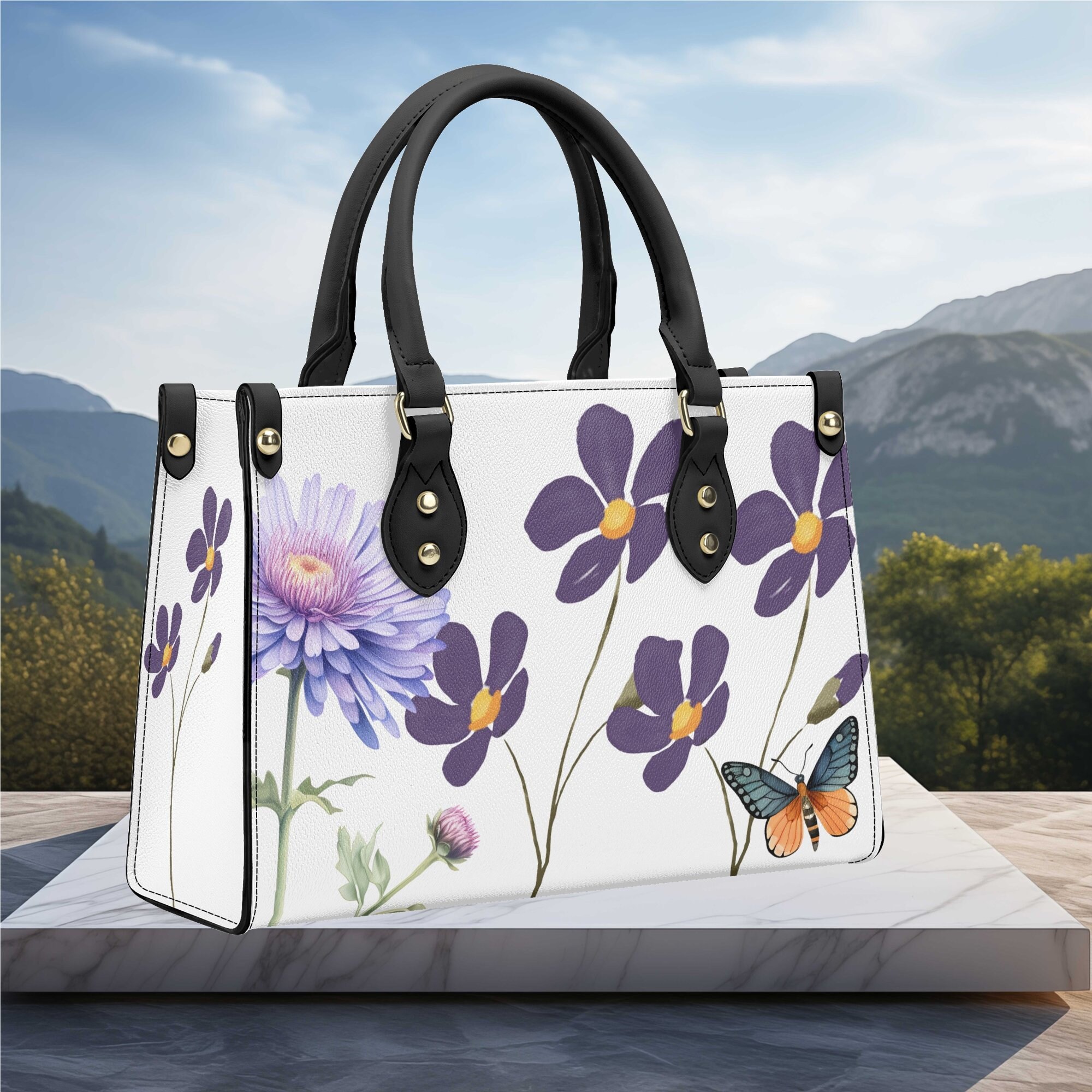 Floral Leather Handbag, gift for mom, gift for her
