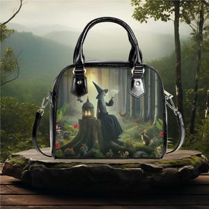 vegan leather Shoulder Handbag Halloween witch rabbit cute whimsical witchy forest bag purse black crossbody satchel tote fun design