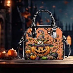 Bolso de hombro, tipo cartera, estilo mensajero, estilo cottagecore, de calabaza de Halloween, color negro, bandolera, tipo cartera, divertido y lindo, de piel sintética vegana.