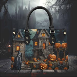 Halloween scary witch haunted house whimsical pumpkin  design handbag shoulder bag tote purse Vegan leather cute fun , no strap witchy