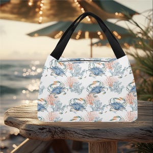 Bolsa de almuerzo portátil. Divertida y original bolsa térmica con diseño de cangrejo del océano. Ideal para la playa o un picnic. Un regalo ideal.