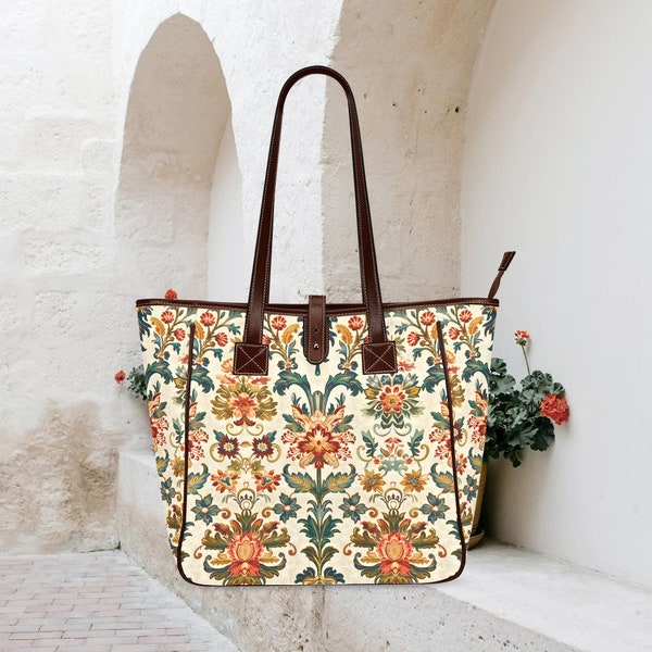 Classic Large Tote Bag, shoulder purse work beach book tote Floral flower botanical colorful design fall summer colors browns olive green