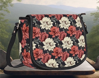 Leather PU Saddle Bag Cottage core flower cream red flower botanical floral design crossbody women's cute fun satchel shoulder purse