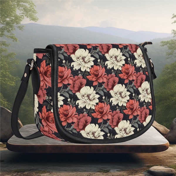 Leather PU Saddle Bag Cottage core flower cream red flower botanical floral design crossbody women's cute fun satchel shoulder purse