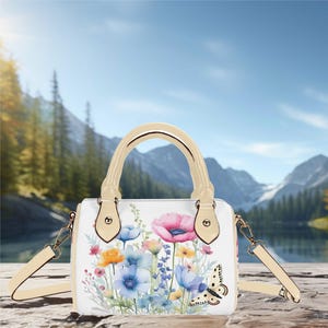 Bolsa feminina de couro pequena, transversal, bolsa de ombro Boston, bolsa tipo mochila, bolsa de mão, estilo cottage, com estampa floral e borboleta, presente para mãe ou avó