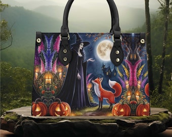 Halloween spooky scary floral wildflower witch and red fox pumpkin whimsical design handbag shoulder bag tote purse Vegan leather cute fun