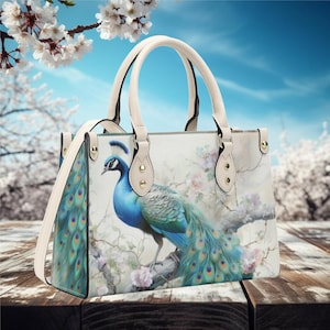 Womens handbag shoulder satchel tote  Leather Handbag with Shoulder Strap Abstract Peacock blue green of spring summer colors