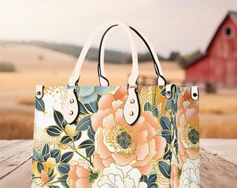 Women Leather PU Handbag Shoulder tote purse Beautiful, cute peach cream spring summer Floral flower botanical design pattern gift for Mom