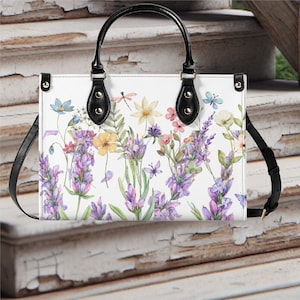 Frauen Leder PU Handtasche Schultertasche Tasche Geldbörse Schöne, niedliche Wildblumen lila Libelle Frühling Sommer Blumen botanischen Design-Muster