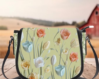 Leren PU-zadeltas Tulpblauwe perzikbloem Wildflowers botanisch bloemdessin crossbody schoudertas voor dames