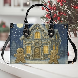 Fourre-tout de luxe en cuir végétalien pour femmes, belle maison de vacances de Noël en pain d&#39;épice, sac à main design saison fantaisiste d&#39;hiver taille 2