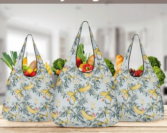 Market Grocery pack of 3 reusable produce yoga gym  bag utility book sack tote Unique Cottagecore wildflower banana botanical style