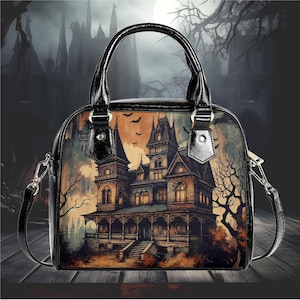 Whimsical Halloween haunted house with bats Purse Satchel fun cute messenger tote fun black handbag with top handles witchy design