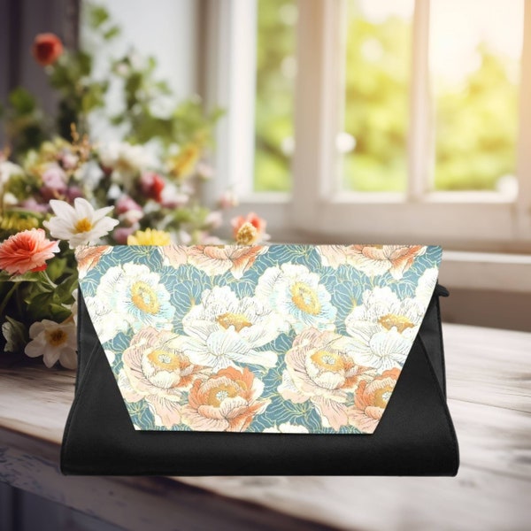 Clutch Envelope Black evening bag reception prom purse Floral flower botanical colorful design abstract peach cream turquoise print