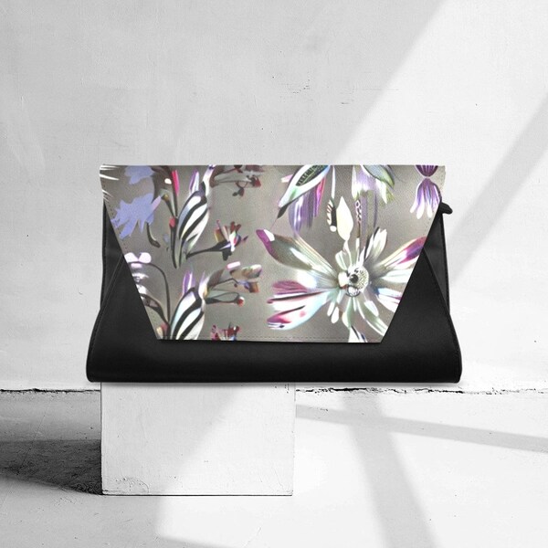 Clutch Envelope evening bag prom reception purse Floral flower botanical colorful silver design abstract print Gift Mom Grandma wife friend