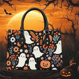 Whimsical Halloween Floral Vegan Leather Handbag with Ghost and Pumpkin Design No Strap witchy purse