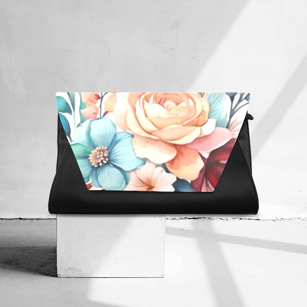 Clutch bag Black evening envelope reception prom purse Floral flower botanical colorful turquoise peach design print Gift for Mom wife