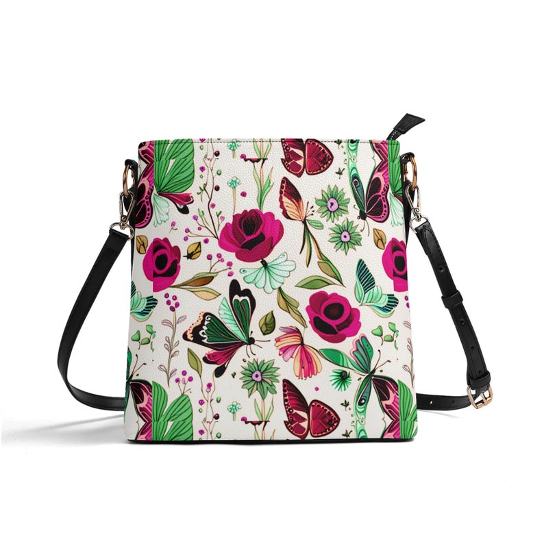 Women's PU Bucket Bag Shoulder Bag purse tote Beautiful cute spring summer Floral flower botanical cottagecore roses butterfly design zdjęcie 6