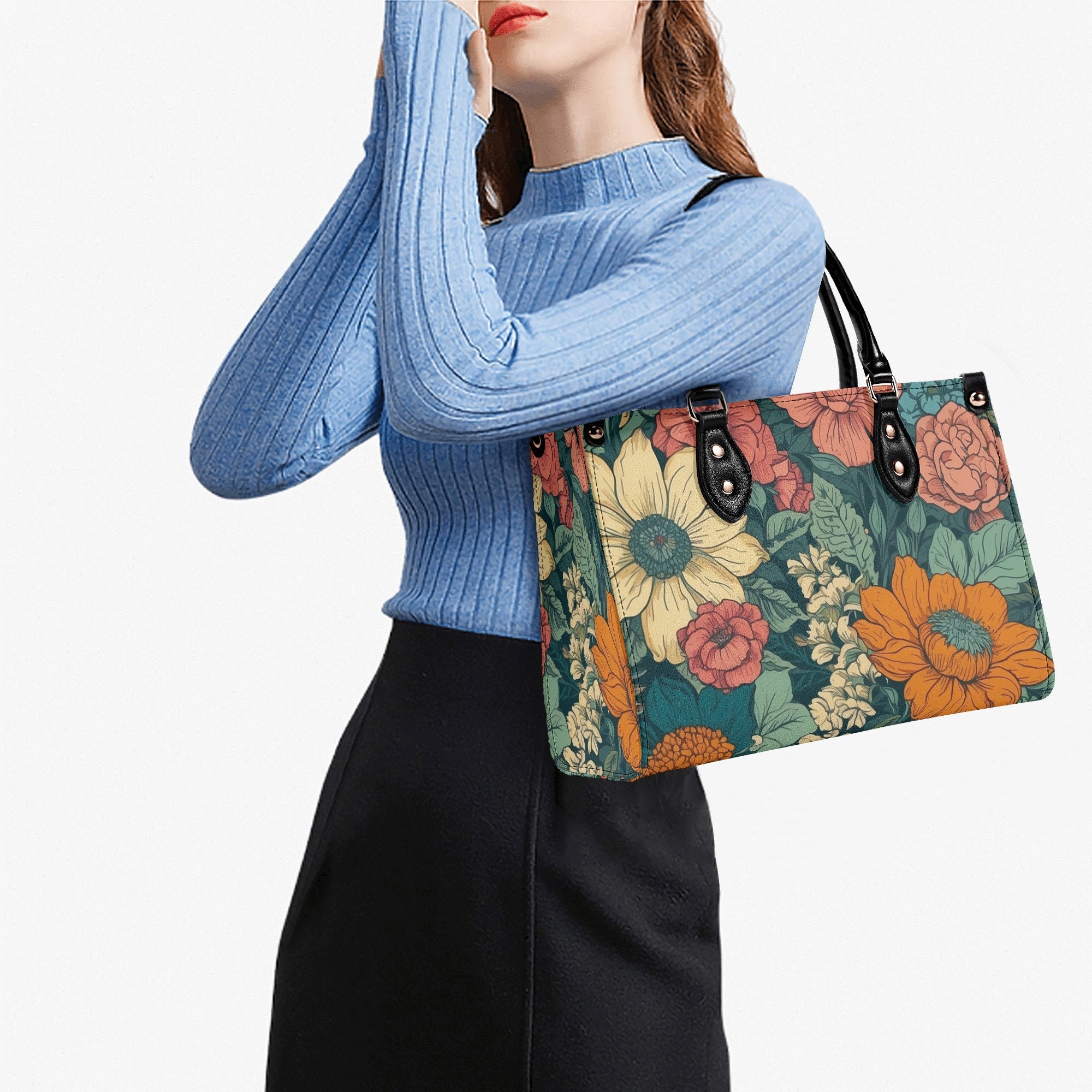 Floral Leather Handbag, gift for mom, gift for her